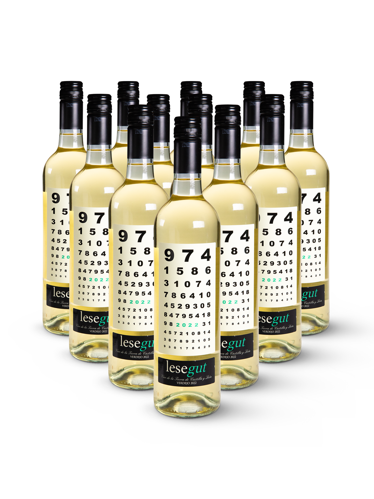 Weißwein LeseGut Blanco Verdejo in 12 klaren Flaschen mit elegant-minimalistischem Etikett