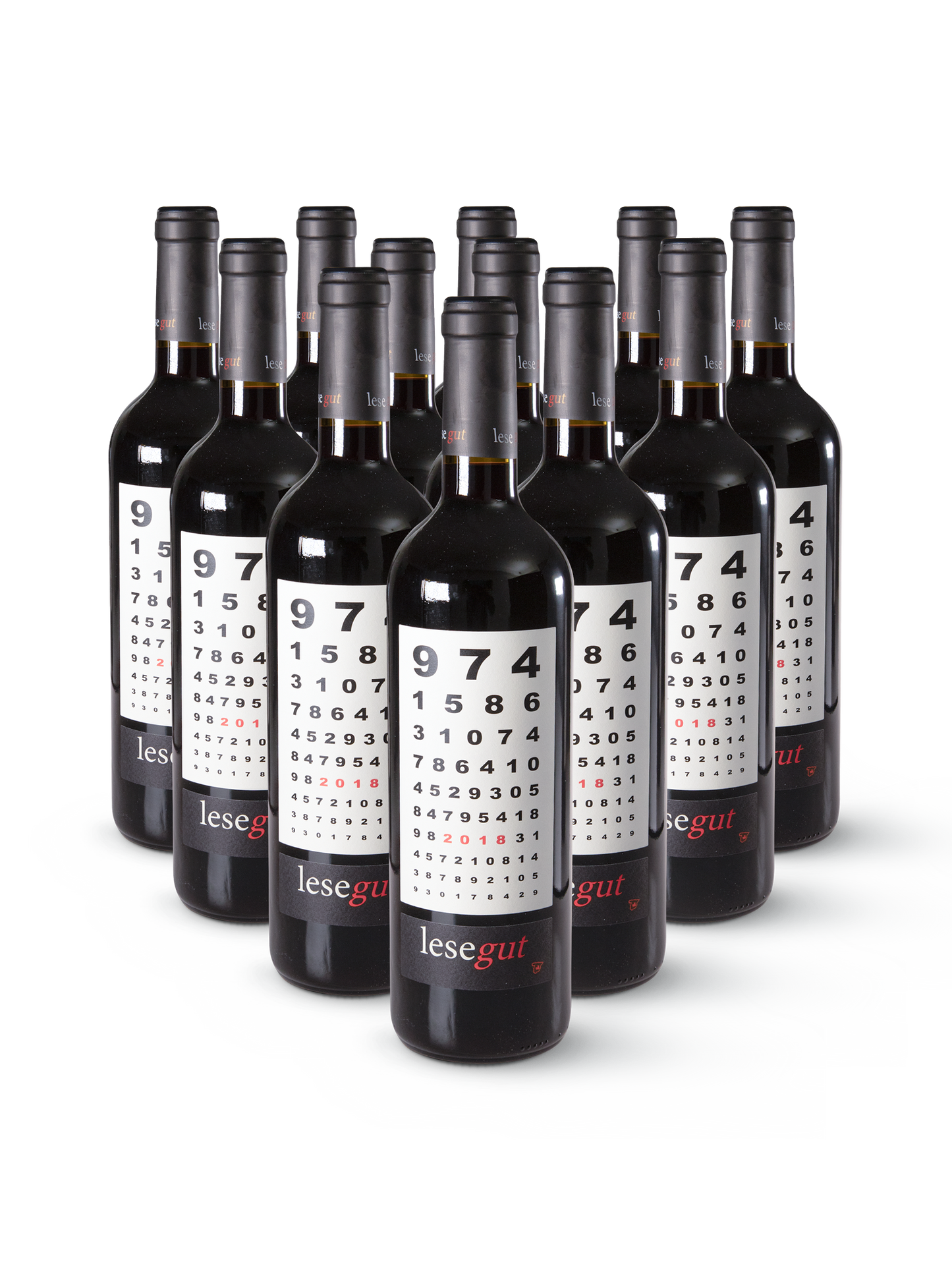 Flasche LeseGut 974 Rotwein mit schlichtem Etikett auf weißem Hintergrund