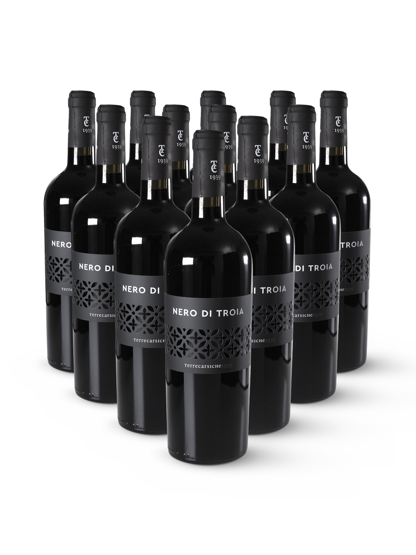 Rotwein Nero di Troia in 12 eleganten Flaschen mit dunklem Etikett auf weißem Hintergrund