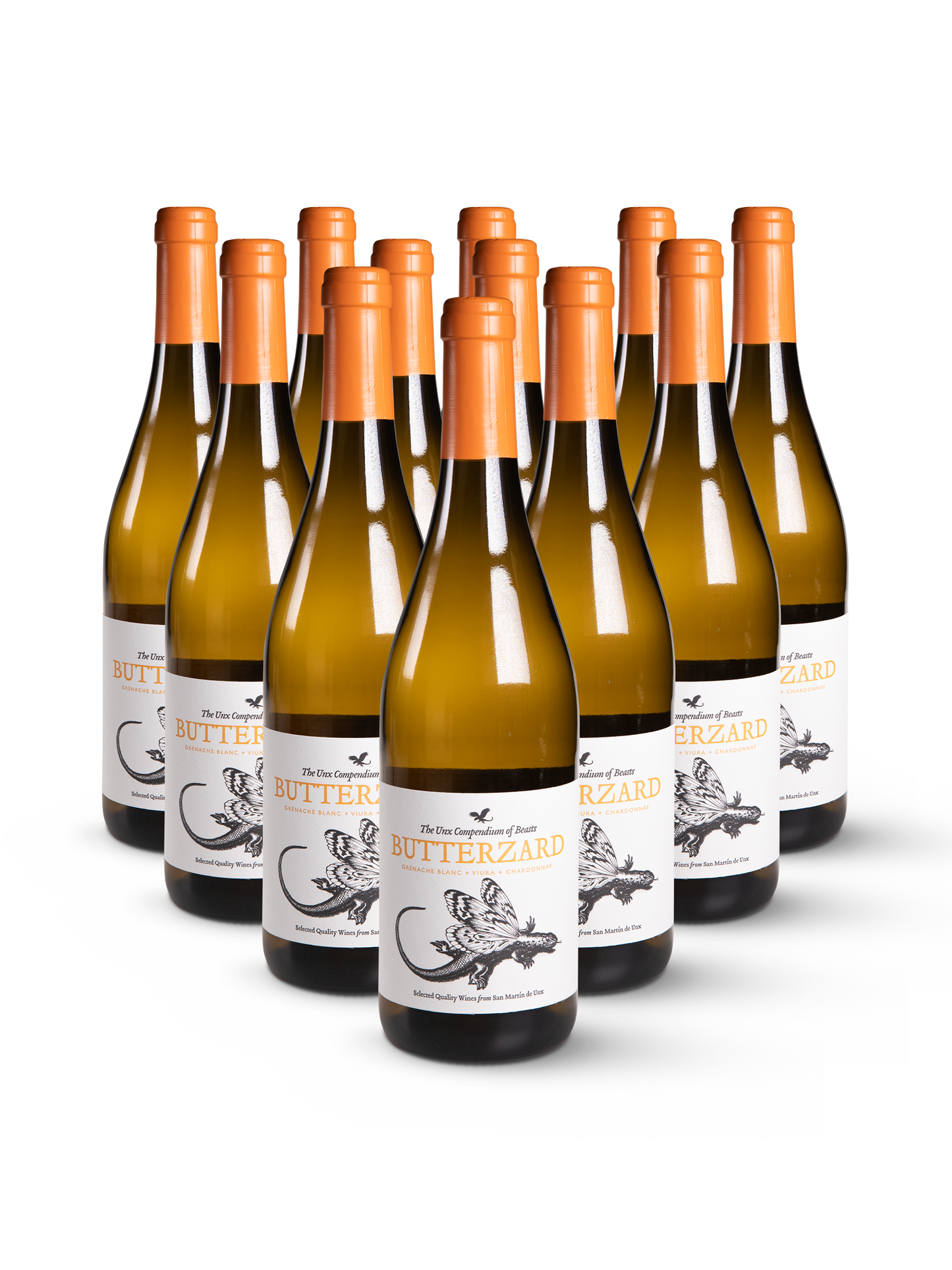Weißwein Butterzard in 12 modernen Flaschen mit auffälligem Etikett im Comic-Stil