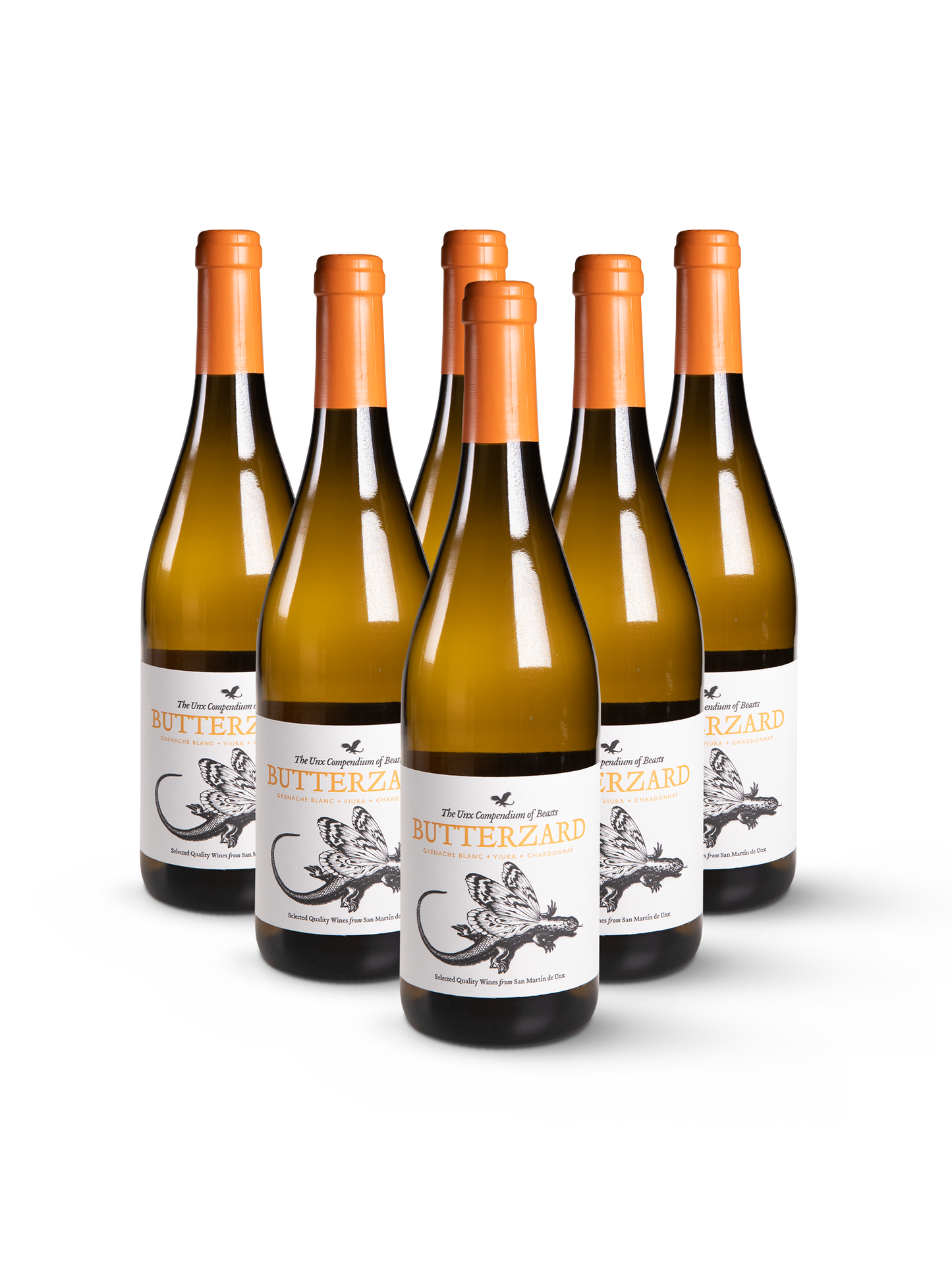 Weißwein Butterzard in auffälliger Flasche mit Comic-inspiriertem Etikett auf weißem Hintergrund