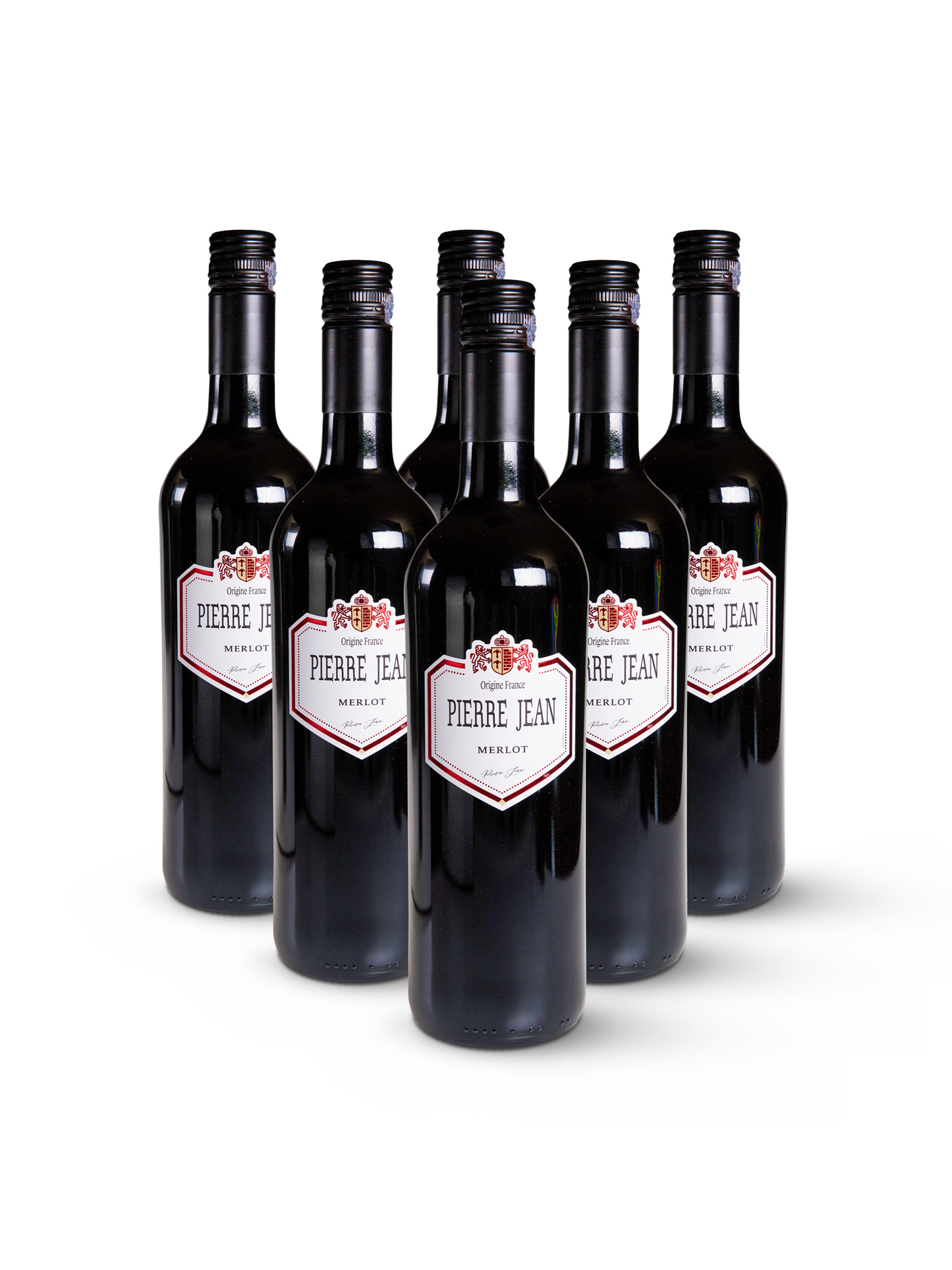 Rotwein Pierre Jean Merlot in 12 klassischen Flaschen mit dunkelrotem Etikett auf weißem Hintergrund