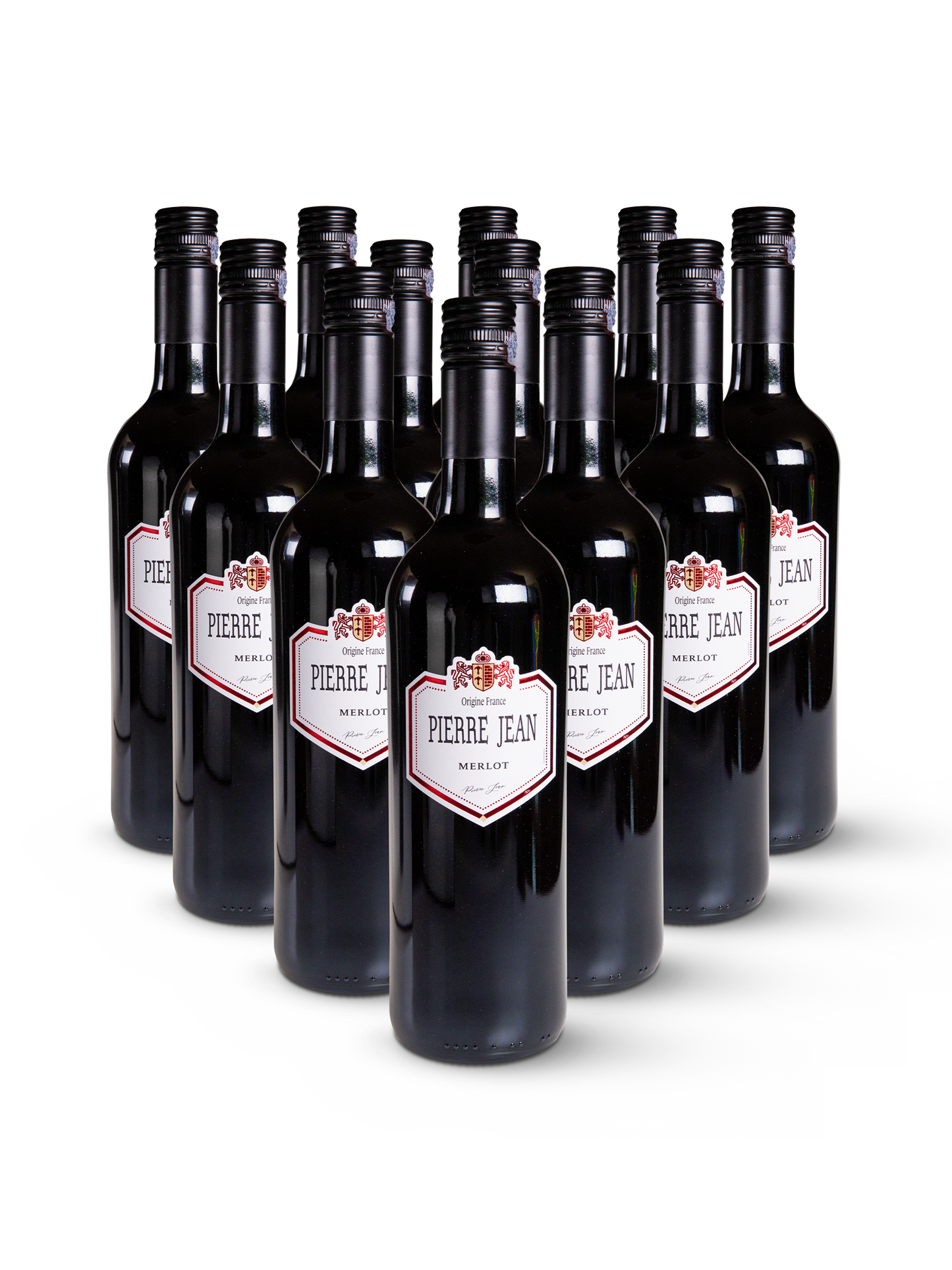 Pierre Jean Merlot 12 Flaschen – eleganter Merlot in schlicht gehaltener Präsentation auf Weiß