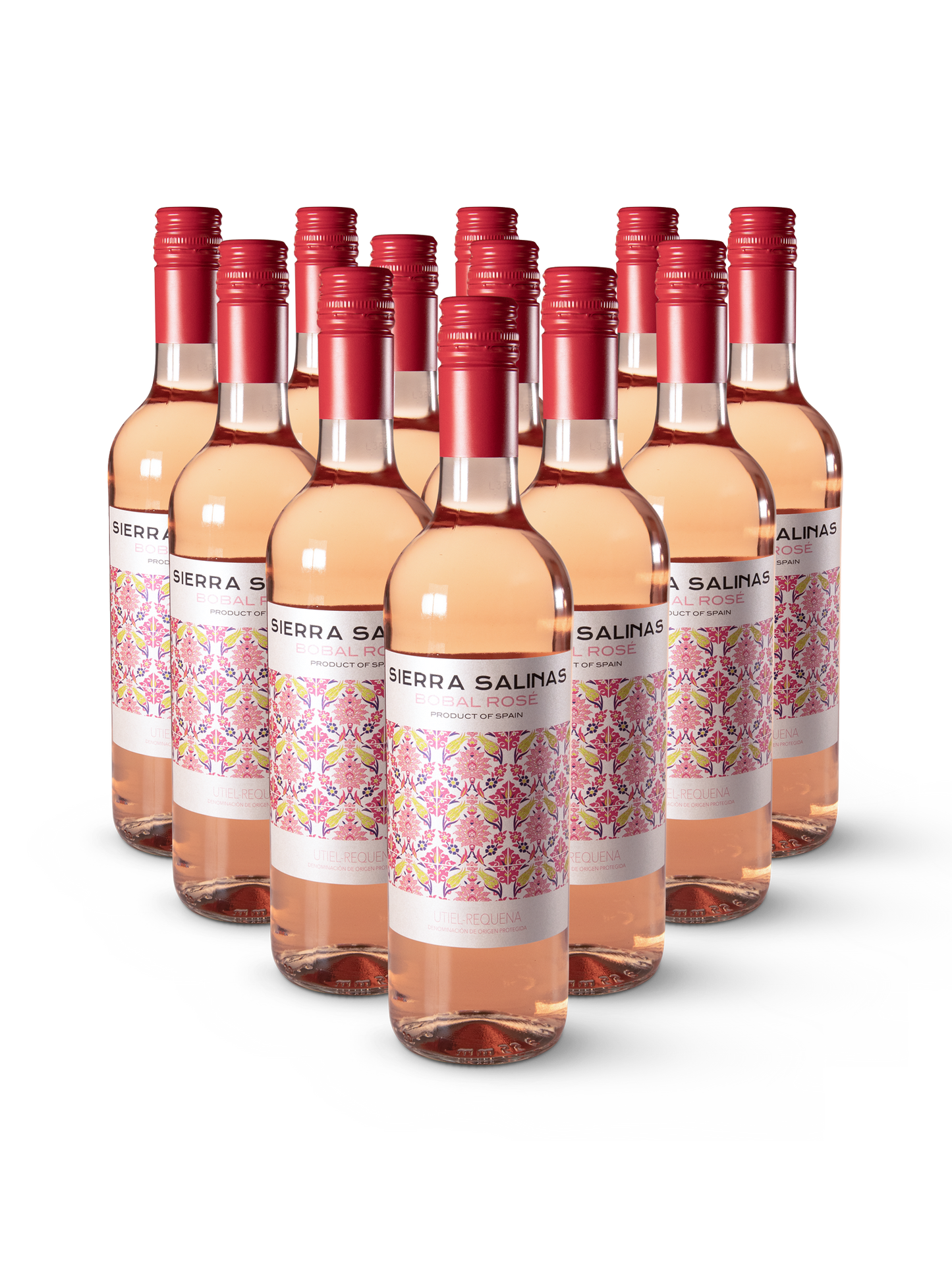 Fruchtiger Roséwein Sierra Salinas Bobal in stilvoller Präsentation auf weißem Hintergrund - 12 Flaschen