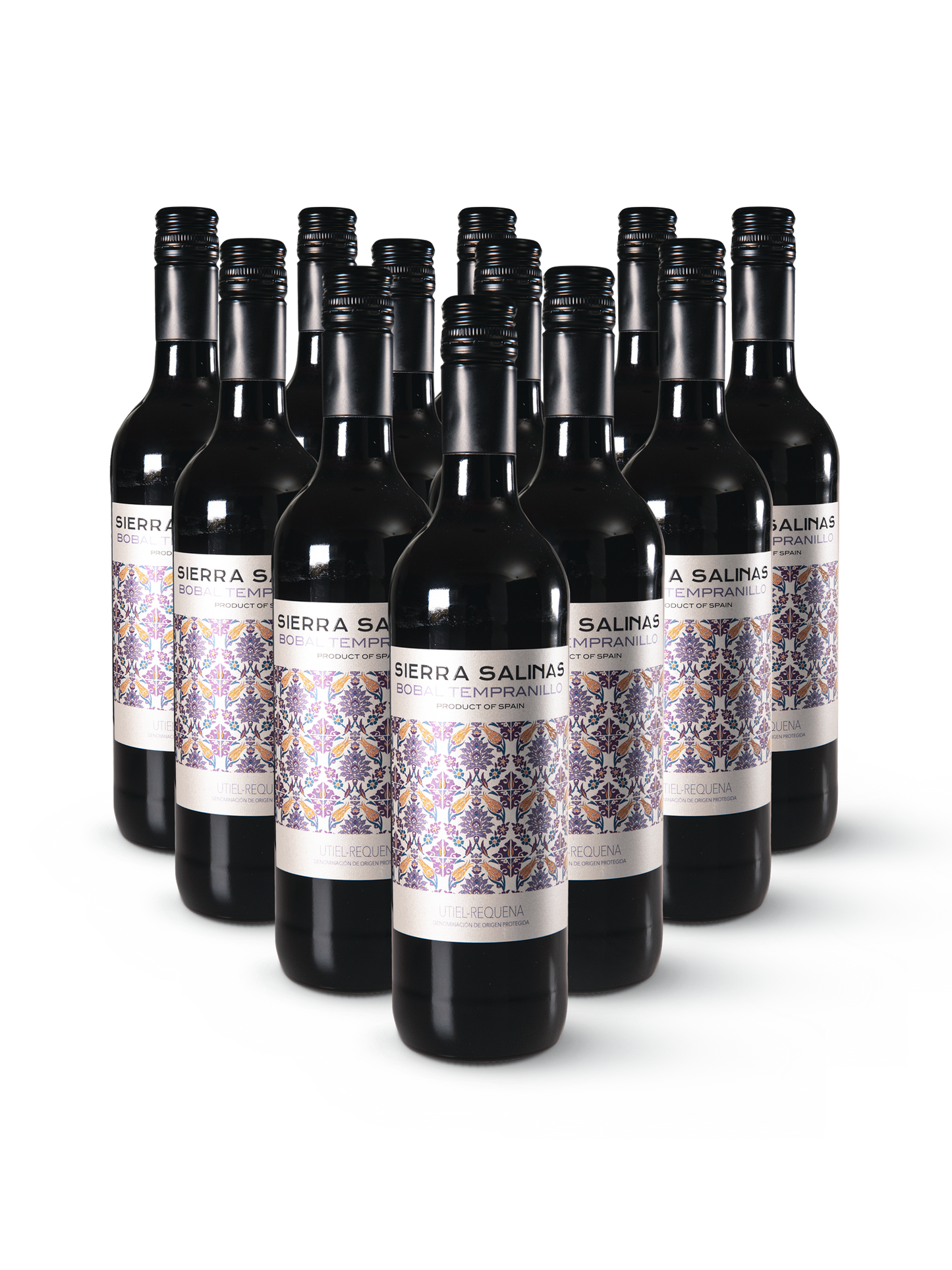 12 Rotweinflaschen Sierra Salinas Bobal Tempranillo mit modernem Etikett auf Weiß