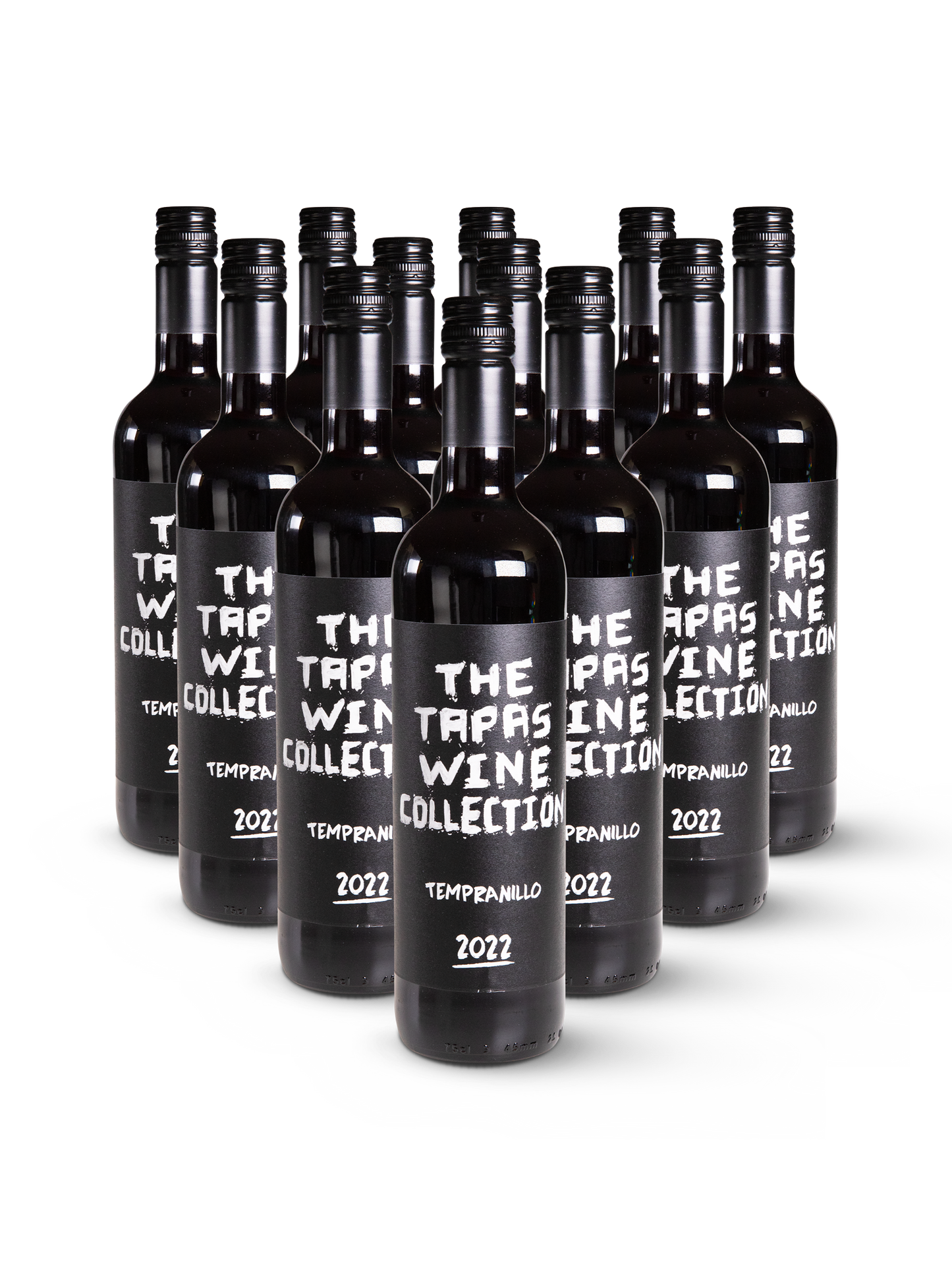 12 Flaschen Rotwein Tapas Tempranillo mit farbenfrohem Etikett und kräftigem Auftritt auf Weiß