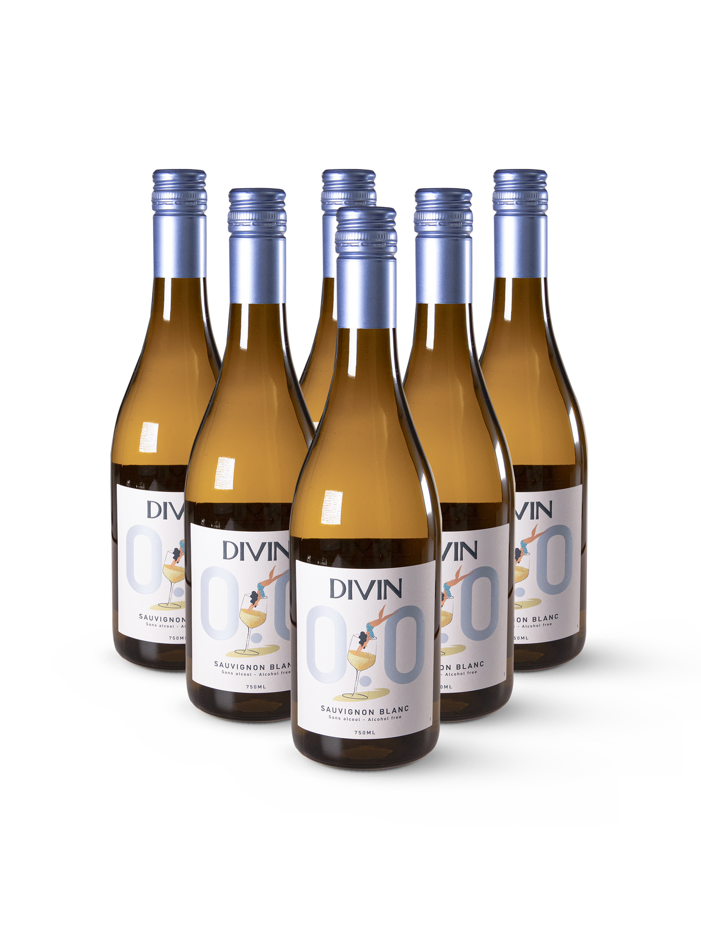 DIVIN Sauvignon Blanc 0.0 % – alkoholfreier Weißwein in moderner Aufmachung auf weißem Hintergrund