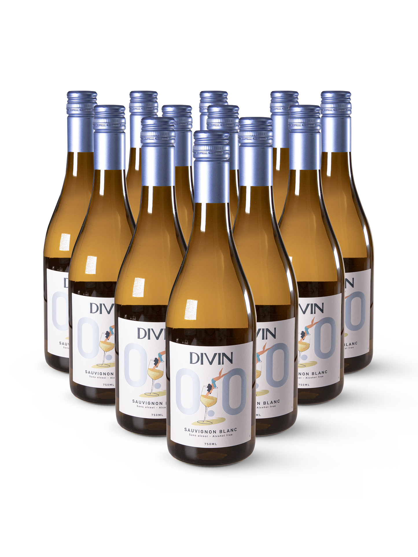 12 Flaschen DIVIN Sauvignon Blanc 0.0 % mit frischem Design und stilvollem Auftritt auf Weiß