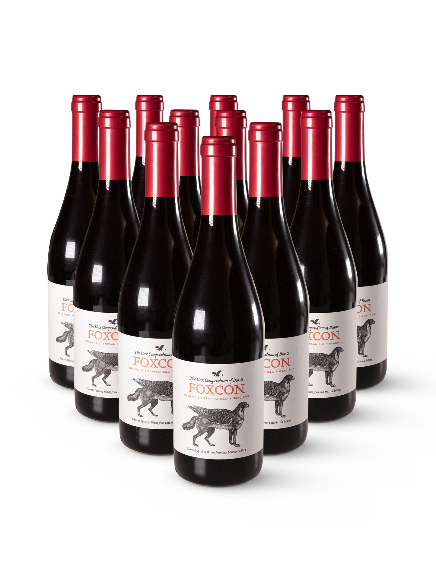 12 Flaschen Foxcon – spanischer Rotwein in klassischer Aufmachung mit roten Akzenten