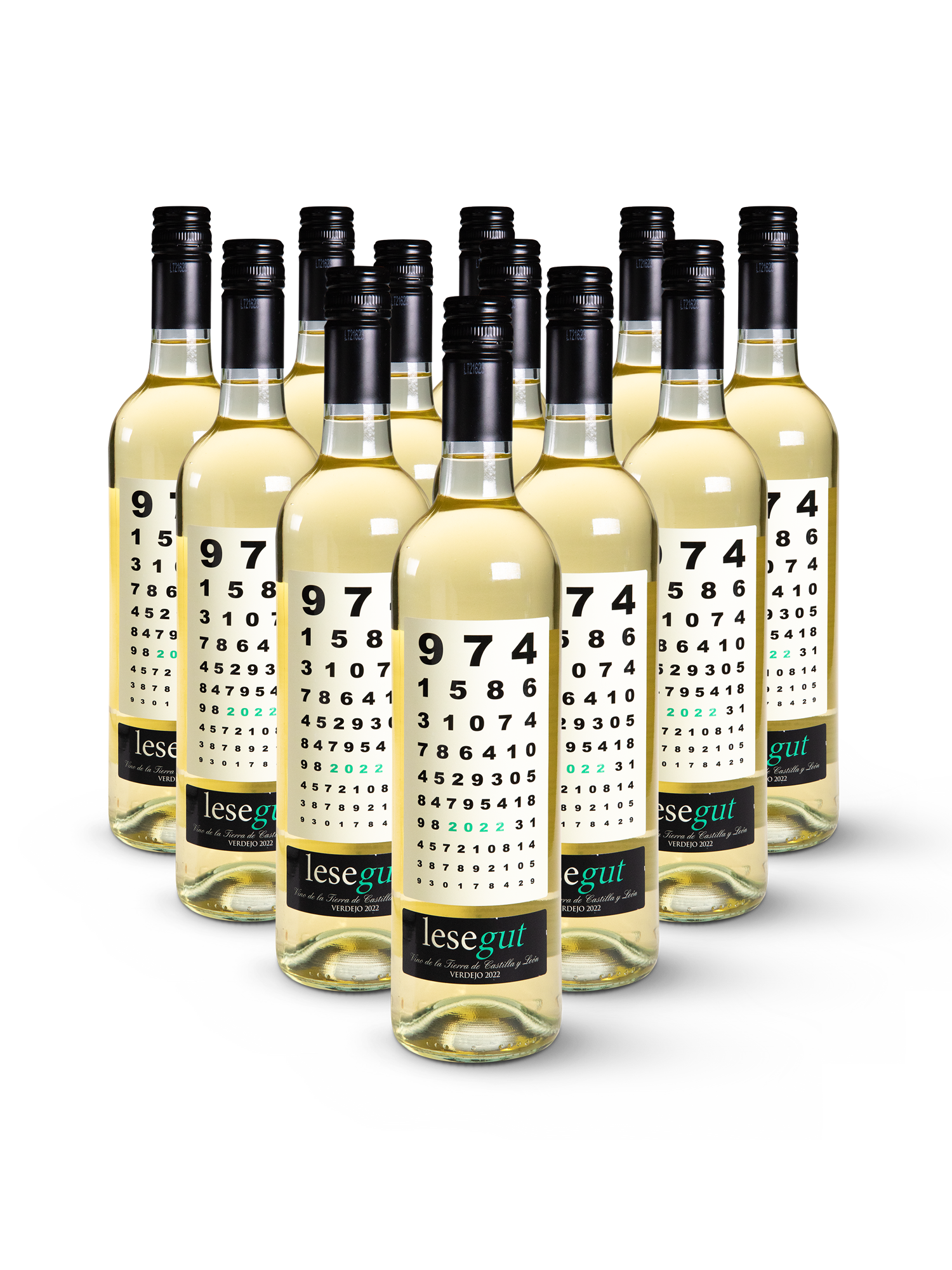 Weißwein LeseGut Blanco Verdejo in 12 klaren Flaschen mit elegant-minimalistischem Etikett