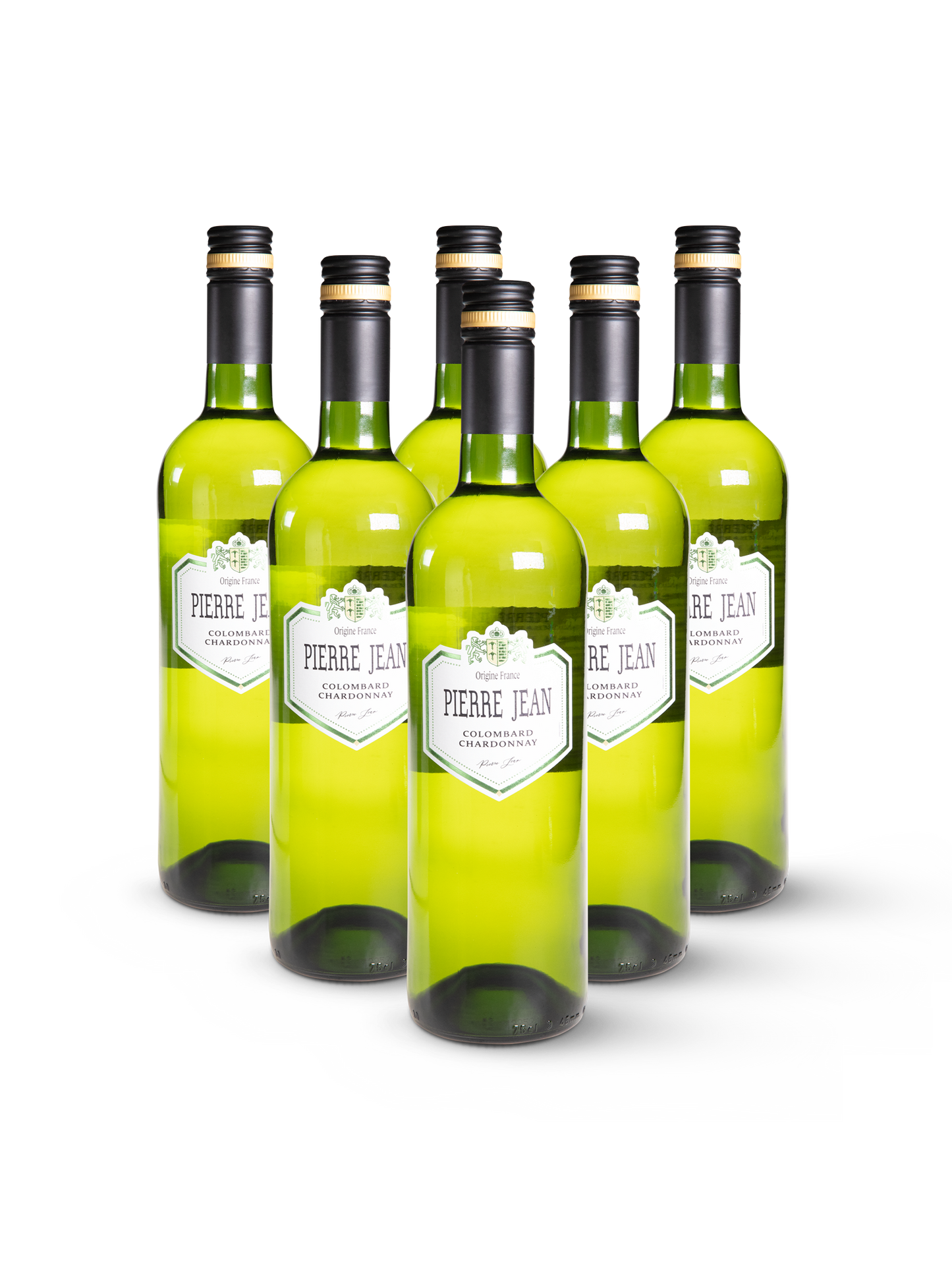 Weißwein Pierre Jean Colombard in 6 klaren Flaschen mit hellblauem Etikett auf weißem Hintergrund