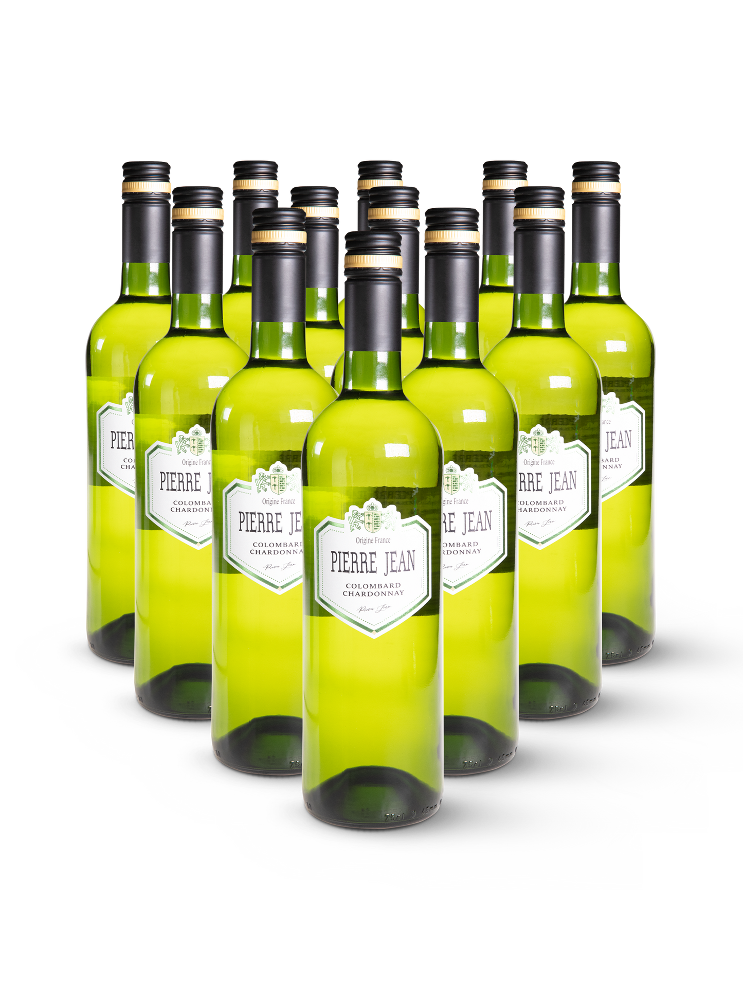 Weißwein Pierre Jean Colombard in 12 klaren Flaschen mit hellblauem Etikett auf weißem Hintergrund