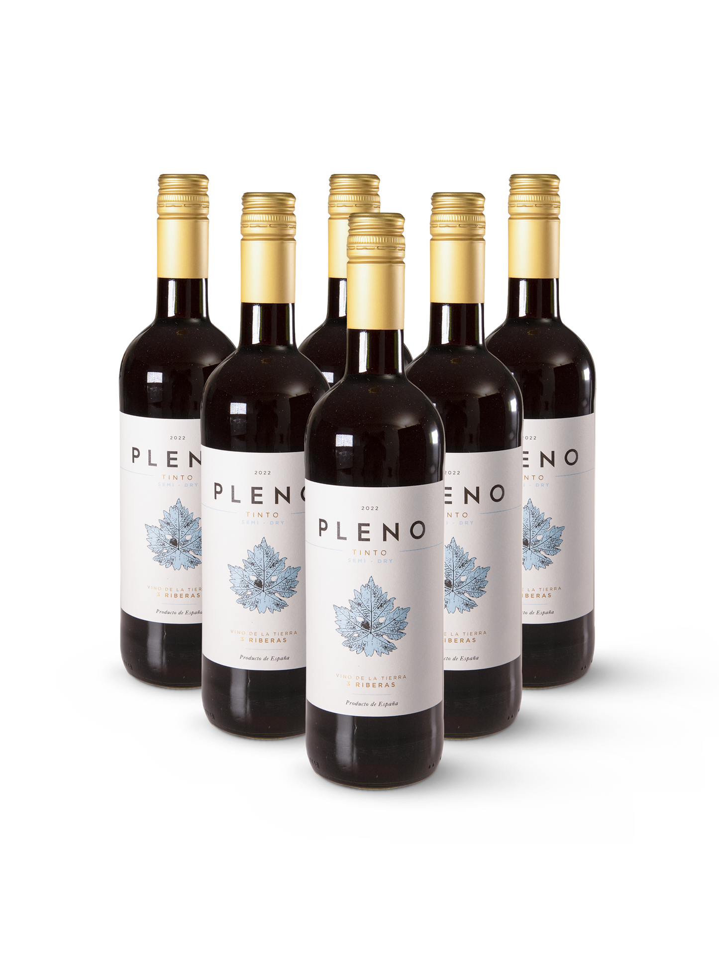 Rotwein Pleno Tinto in 6 schlanken Flaschen mit rotem Etikett auf weißem Hintergrund