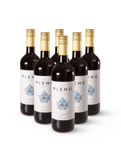 Rotwein Pleno Tinto in 6 schlanken Flaschen mit rotem Etikett auf weißem Hintergrund