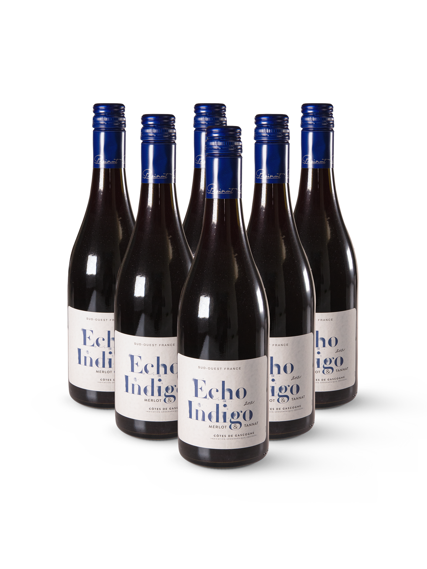 Rotwein Echo Indigo Tannat in 12 stilvollen Flaschen mit farbenfrohem Etikett auf weißem Hintergrund