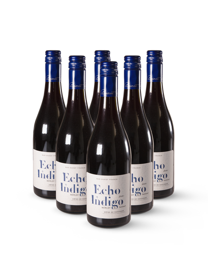 Rotwein Echo Indigo Tannat in 12 stilvollen Flaschen mit farbenfrohem Etikett auf weißem Hintergrund