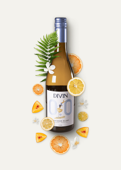 Divin Sauvignon Blanc alkoholfrei mit Zutaten (Zitrusfrüchte, weiße Blüten, Gras)