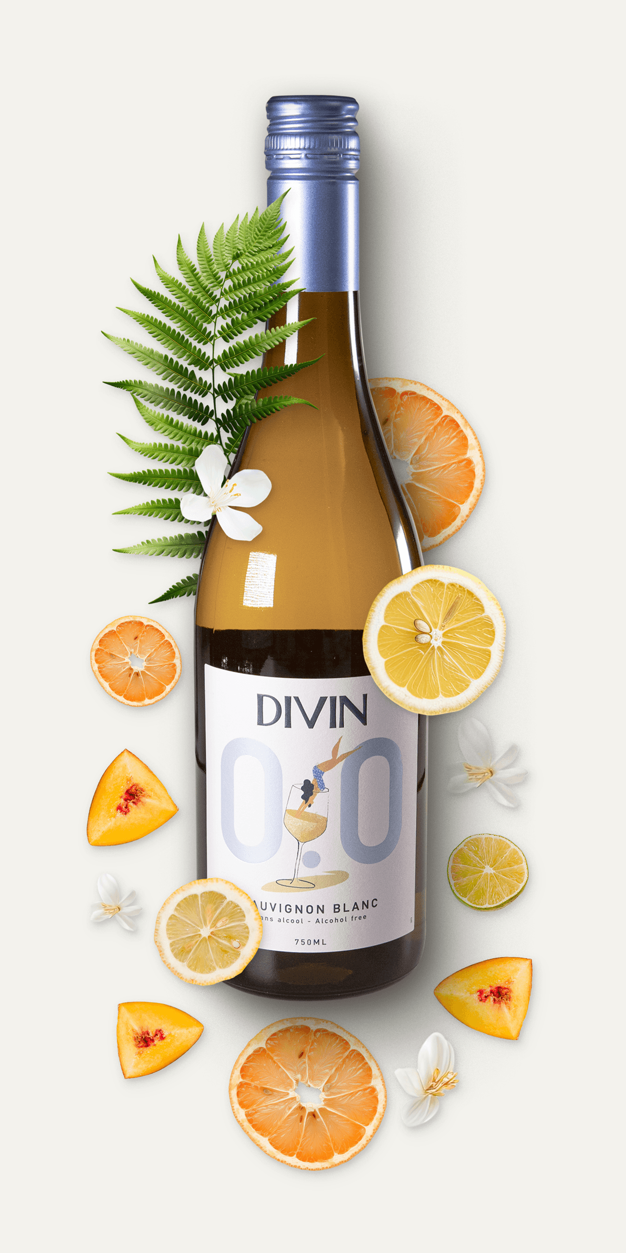 Divin Sauvignon Blanc alkoholfrei mit Zutaten (Zitrusfrüchte, Vanille, Nektarine)