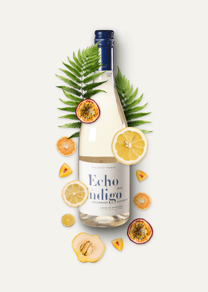 Echo Indigo Sauvignon Blanc Weißwein mit Zutaten (Zitrusfrüchte, Passionsfrucht, Quitte, Grapefruit)