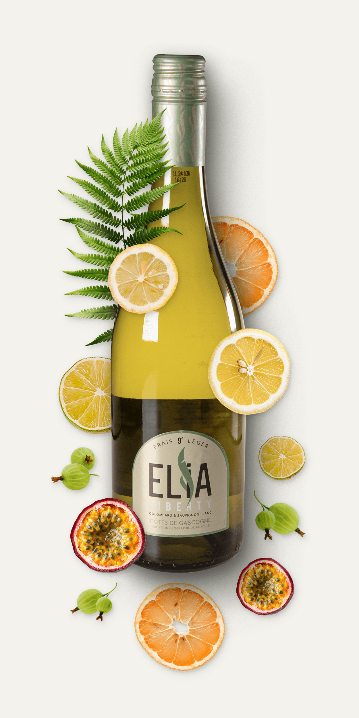 Elia Liberty Weißwein mit Zutaten (Zitrusfrüchte, Passionsfrucht, Stachelbeere)