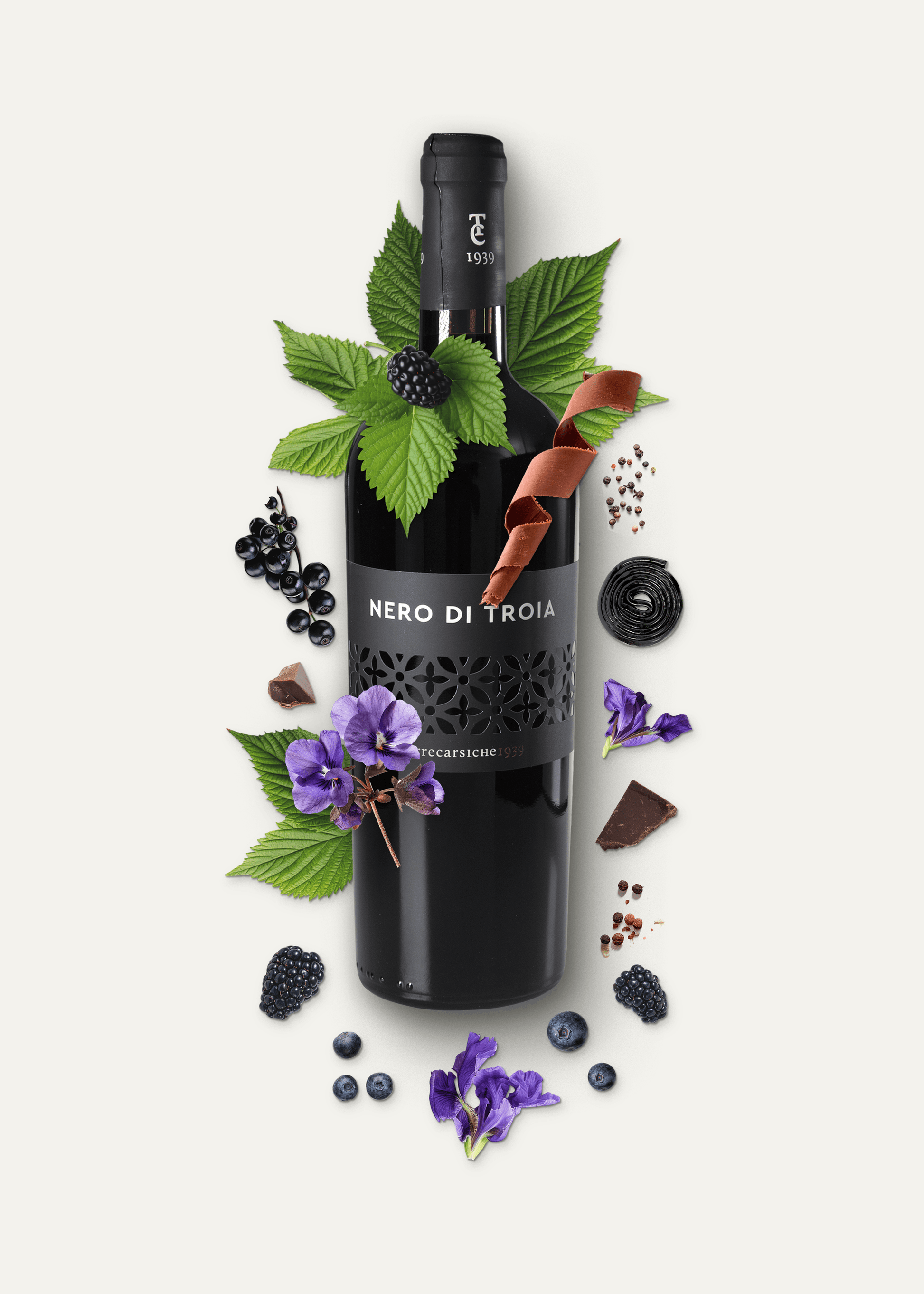 Nero din Troia Terrecarsiche Rotwein mit Zutaten (rote Früchte, Veilchen, Lakritz)