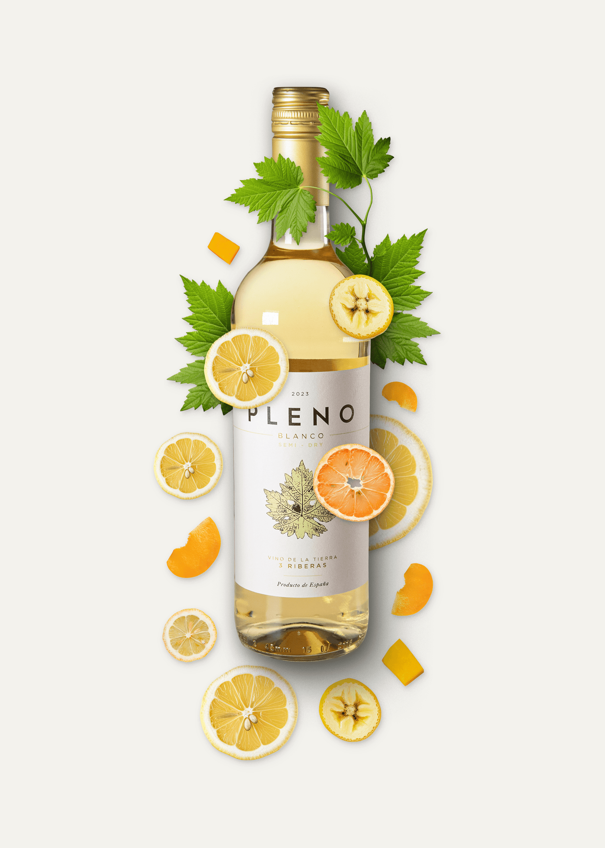 Pleno Blanco Weißwein mit Zutaten (Zitrusfrüchte, Banane, mango)