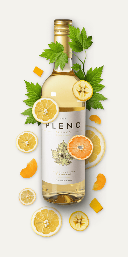 Pleno Blanco Weißwein mit Zutaten (Zitrusfrüchte, Banane, Mandarine)